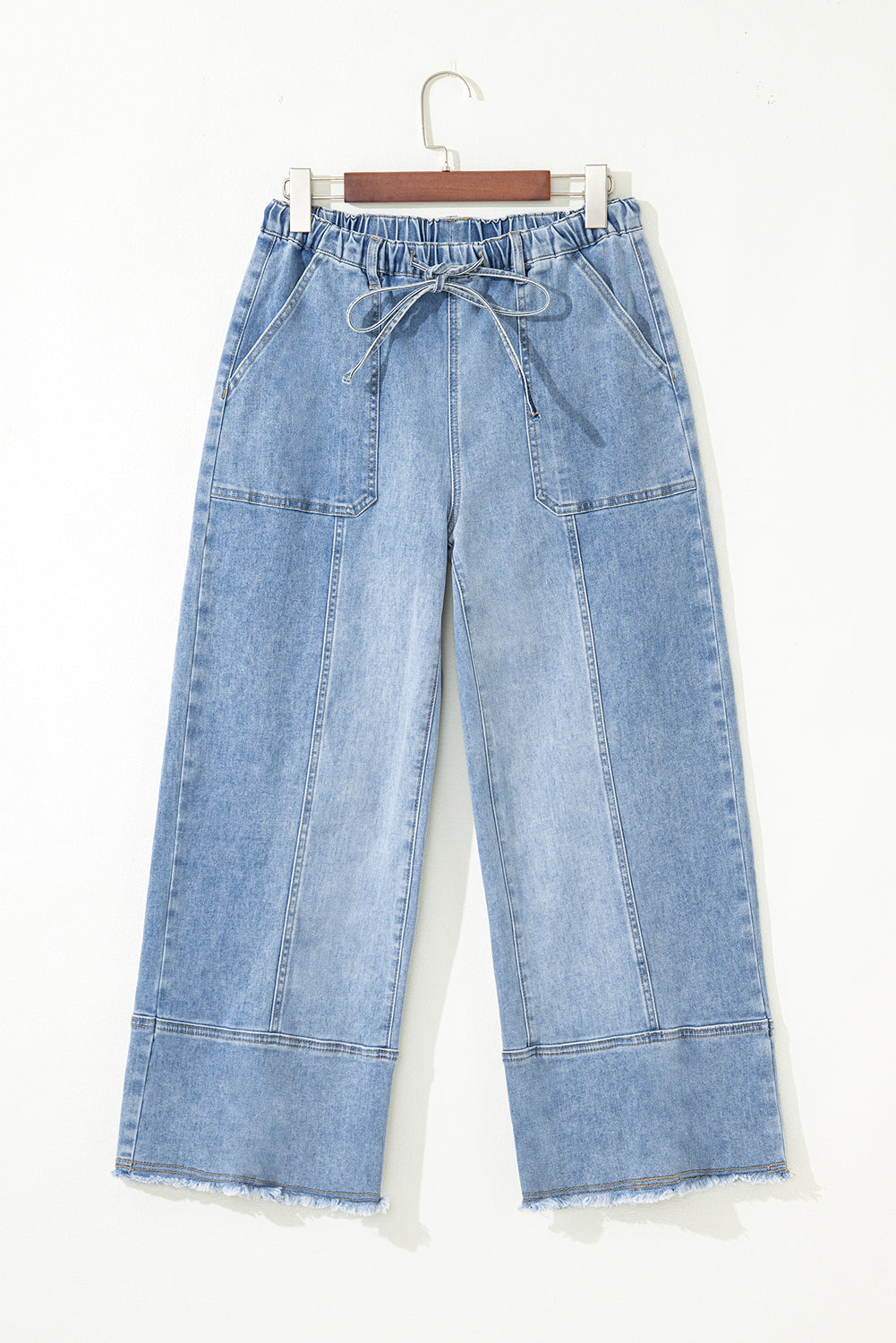 Beau Blue Drawstring Seam Detail Raw Hem Wide Leg Denim Pants