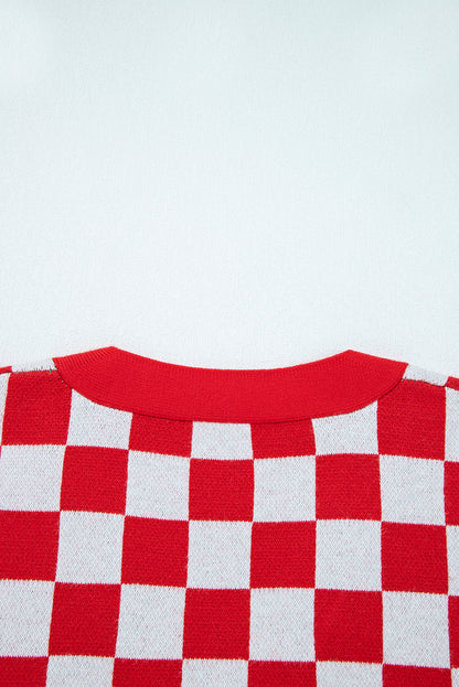Red Checkered Christmas Tree Pattern Button V Neck Cardigan Sweater