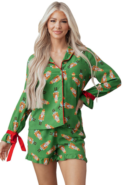Green Christmas Candy Contrast Trim Bow Knot Silky 2pcs Pajama Set