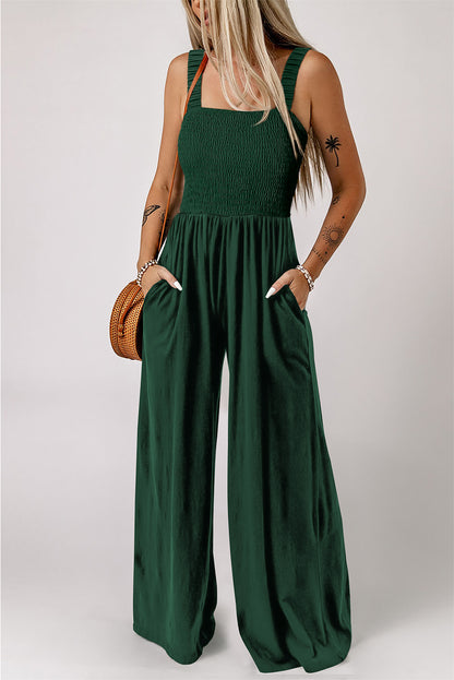 Green Smocked Sleeveless Wide Leg Jumpsuit with Pockets
