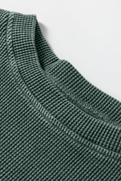 Mist Green Waffle Knit Patchwork Long Sleeve Loose Top
