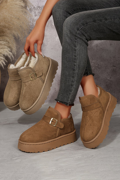 Coffee Buckle Detail Round Toe Platform Cozy Winter Boots