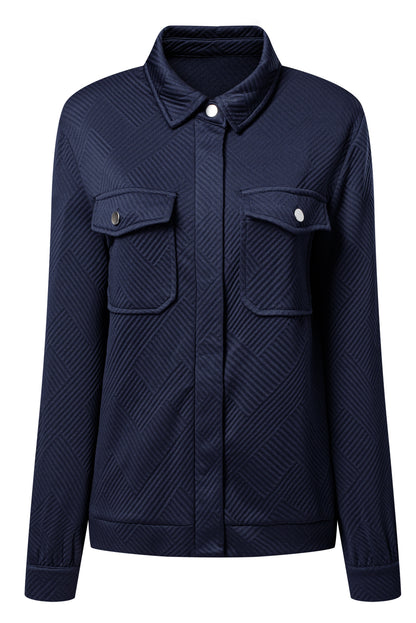 Navy Blue Solid Color Zip Up Button Flap Pocket Shirt Collar Jackets