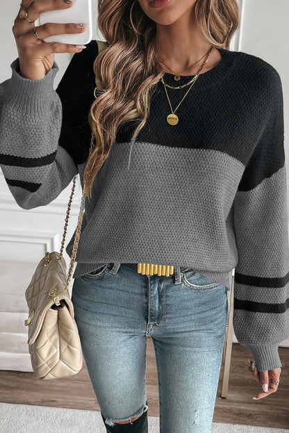 Medium Grey Color Block Knit Striped Sleeve Detail Casual Sweater