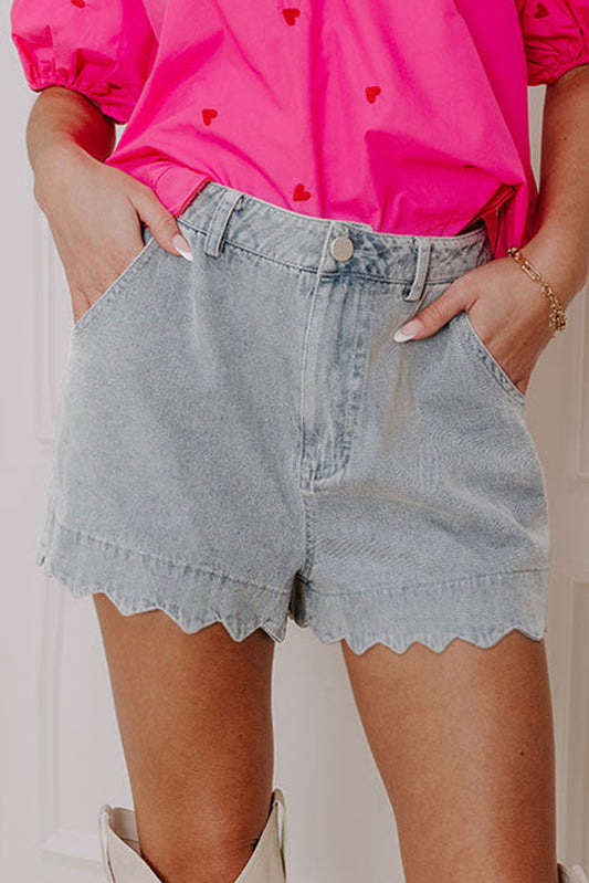 Dusk Blue Scalloped Hemline Acid Wash High Waist Denim Shorts