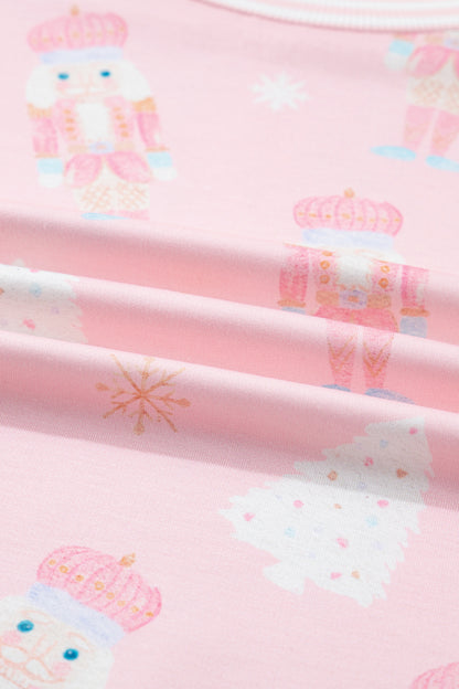 Pink Christmas Tree Nutcracker Doll Print Contrast Trim Long Sleeve Top Matching Shorts Set