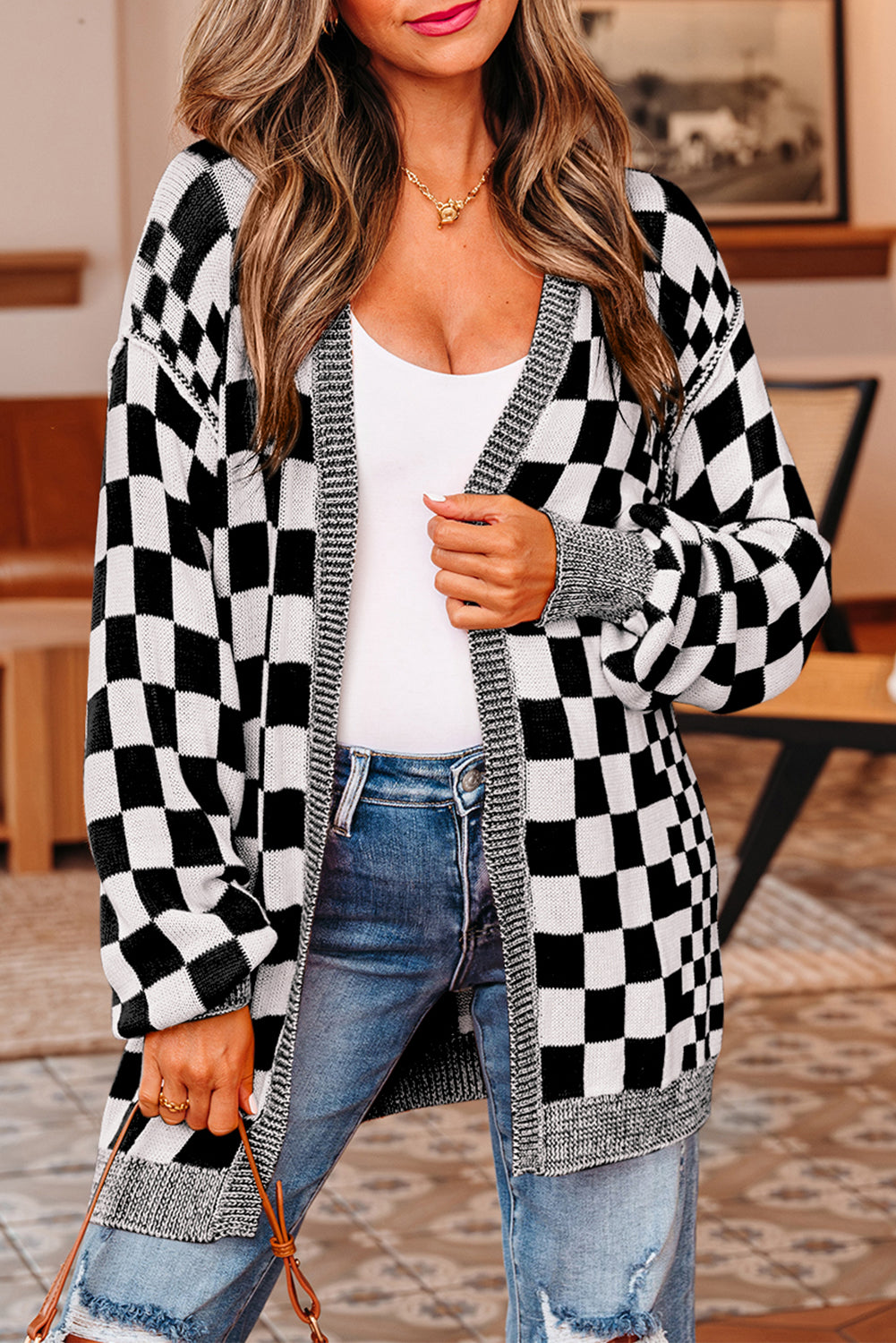 Black Checkered Open Front Drop Shoulder Cardigan