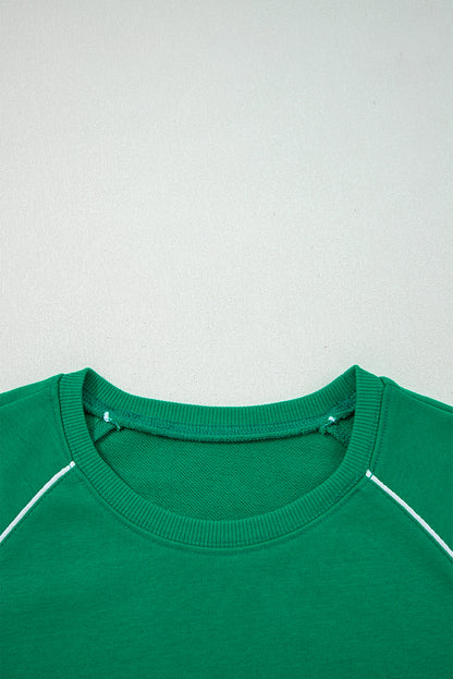 Dark Green Contrast Piping Crewneck Pullover Mini Skirt Set