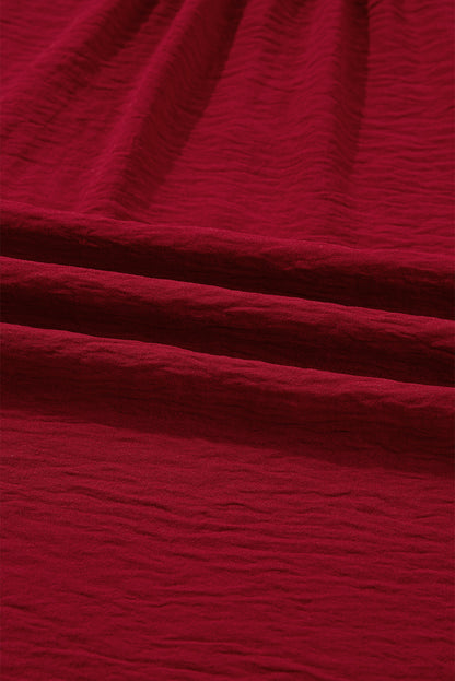 Burgundy Notched Neck Shirred Cuff Long Sleeve Blouse