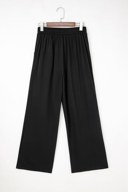 Black Pleated Detail Pull On High Elastic Waist Loose Straight Pants