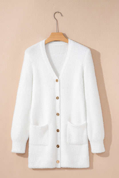 White Fuzzy Buttoned Front Midi Solid Cardigan