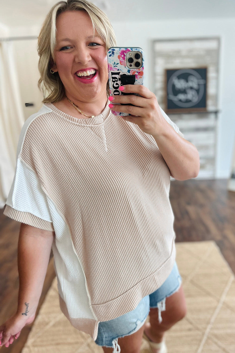 Parchment Twist Rib Colorblock Hi Low Plus Size Short Sleeve Top