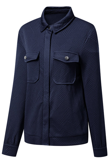Navy Blue Solid Color Zip Up Button Flap Pocket Shirt Collar Jackets