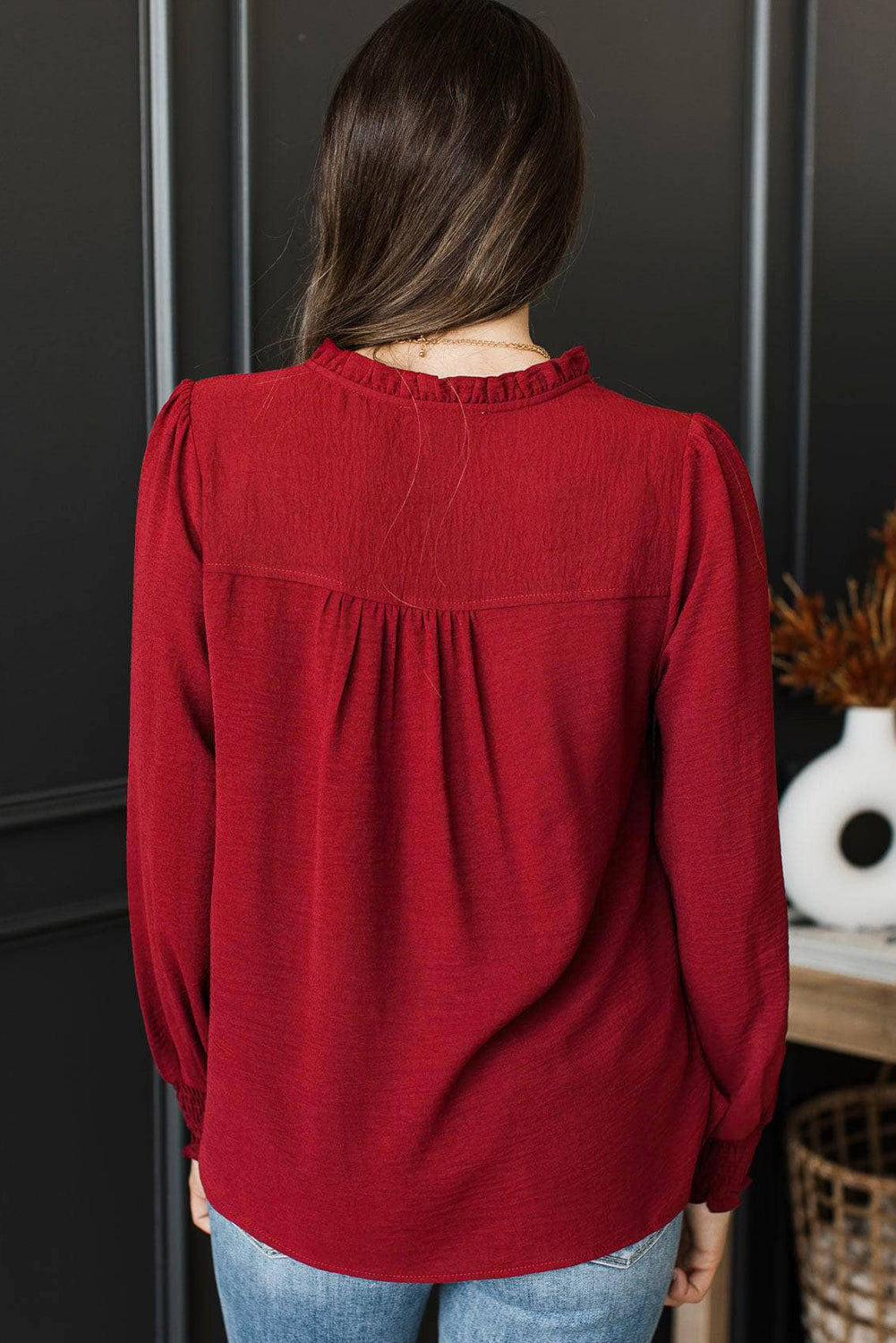 Burgundy Notched Neck Shirred Cuff Long Sleeve Blouse