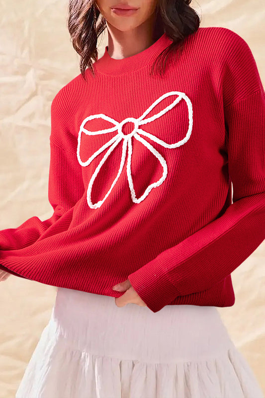 Fiery Red Bow Embroidered Graphic Ribbed Sweater Top