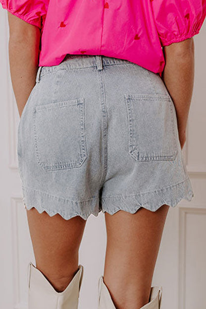Dusk Blue Scalloped Hemline Acid Wash High Waist Denim Shorts