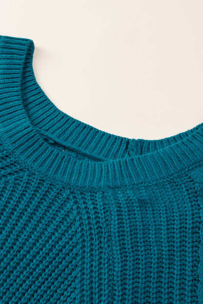 Blue Hollow-out Puffy Sleeve Knit Sweater