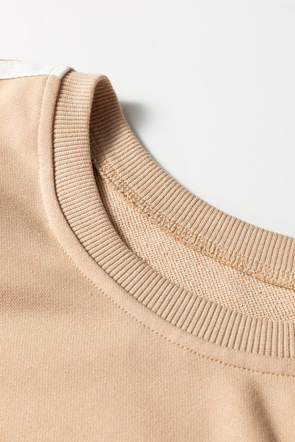 Oatmeal Varsity Striped Detail Crewneck Pullover Elastic Sweatpants 2pcs Outfit