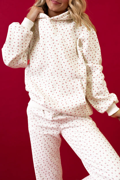 Pink Floral Print Kangaroo Pocket Hoodie Sheath Sweatpants Set