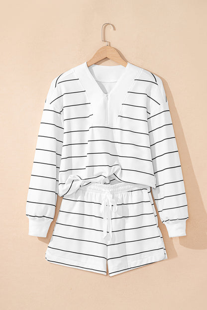 White Stripe Zip up Drop Shoulder Pullover and Short 2pcs Outfit