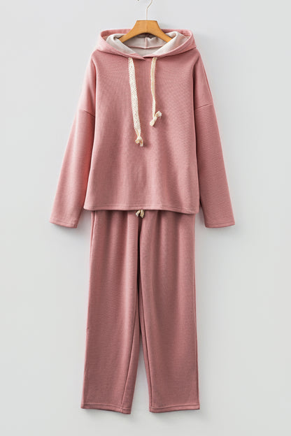 Rose Tan Lace Drawstring Pullover Hoodie and High Waist Pants Corduroy Suit