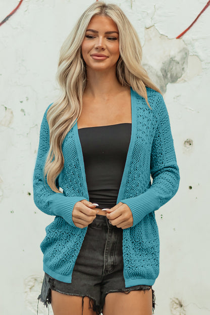 Lapis Mix Pattern Hollowed Knit Open Front Cardigan