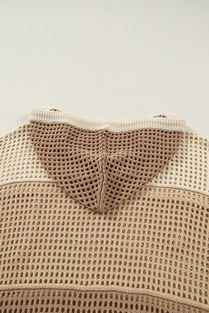 Parchment Colorblock Hollowed Knit Plus Size Hooded Jumper Sweater