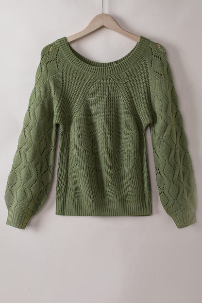 Green Hollow-out Puffy Sleeve Knit Sweater