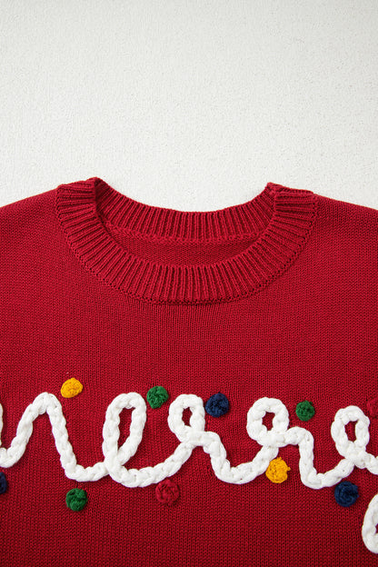 Racing Red Merry Colorful Dot Detail Christmas Drop Shoulder Sweater