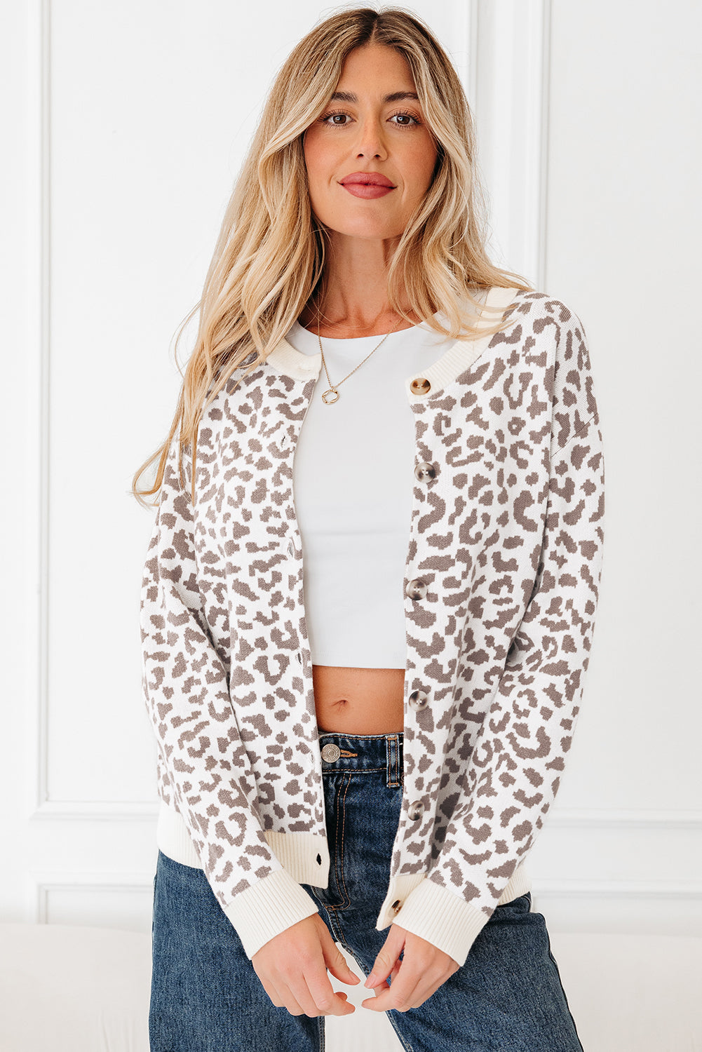 Khaki Leopard Drop Shoulder Chunky Knitted Cardigan Sweater