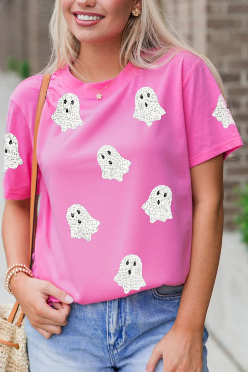Sachet Pink Sequin Halloween Ghost Patched Casual T Shirt