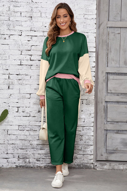 Blackish Green 2pcs Color Block Pullover Loose Pant Set