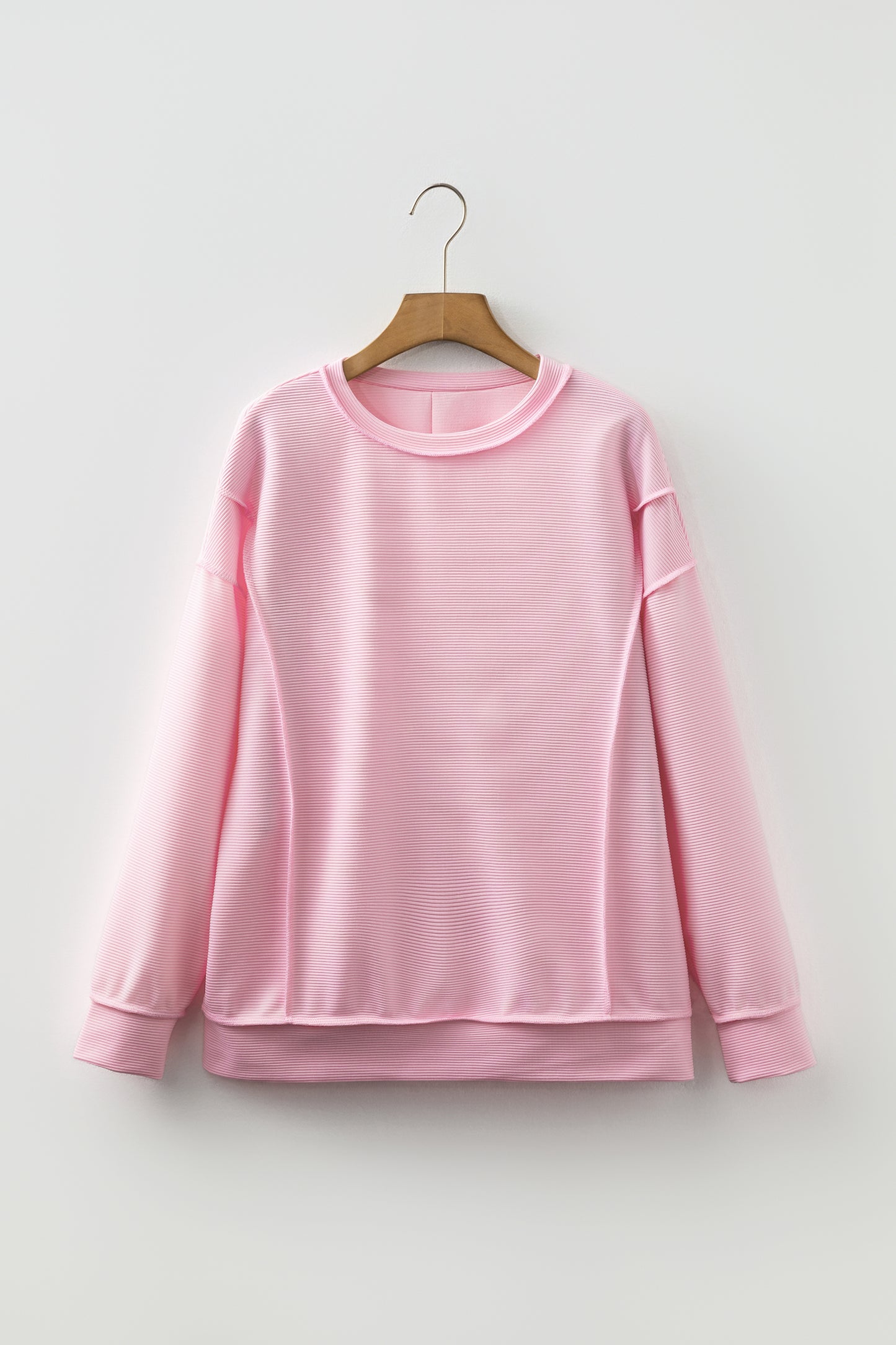 Pink Horizontal Ribbed Exposed Seam Detail Long Sleeve Top