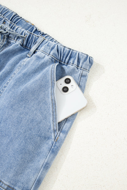 Beau Blue Drawstring Seam Detail Raw Hem Wide Leg Denim Pants
