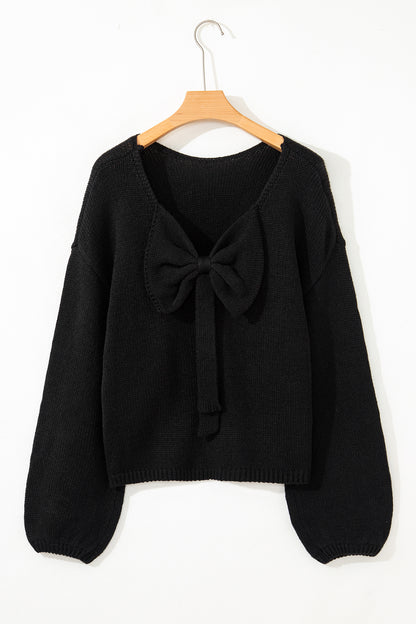 Black Bow Backless Bubble Sleeve Sweater