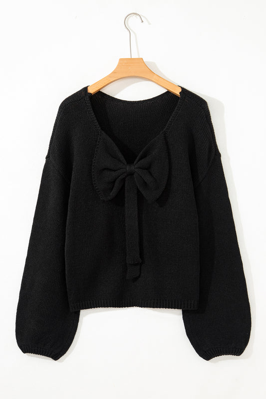 Black Bow Backless Bubble Sleeve Sweater