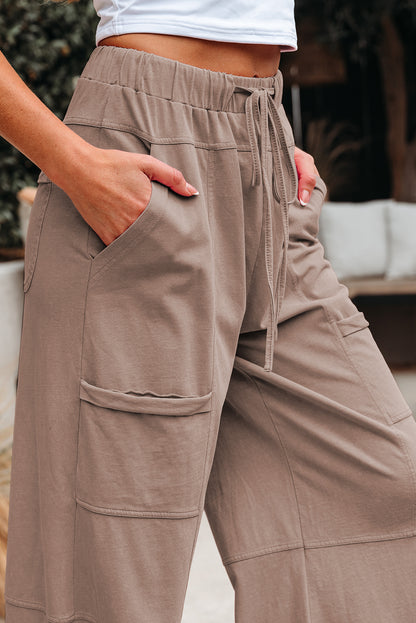 Smoke Gray Mineral Wash Exposed Seam Drawstring Elastic Waistband Wide Leg Cargo Pants
