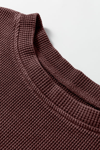 Dark Brown Waffle Knit Patchwork Long Sleeve Loose Top