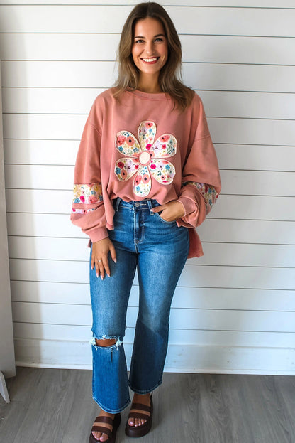 Peach Blossom Floral Applique Baggy Pullover Sweatshirt