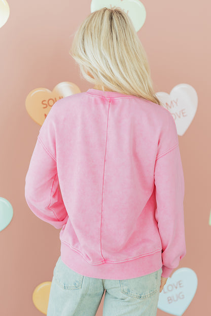Bright Pink Mineral Wash Crossed Crew Neck Drop Shoulder Loose Sweatshirt