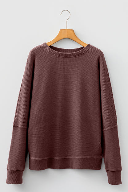 Dark Brown Waffle Knit Patchwork Long Sleeve Loose Top