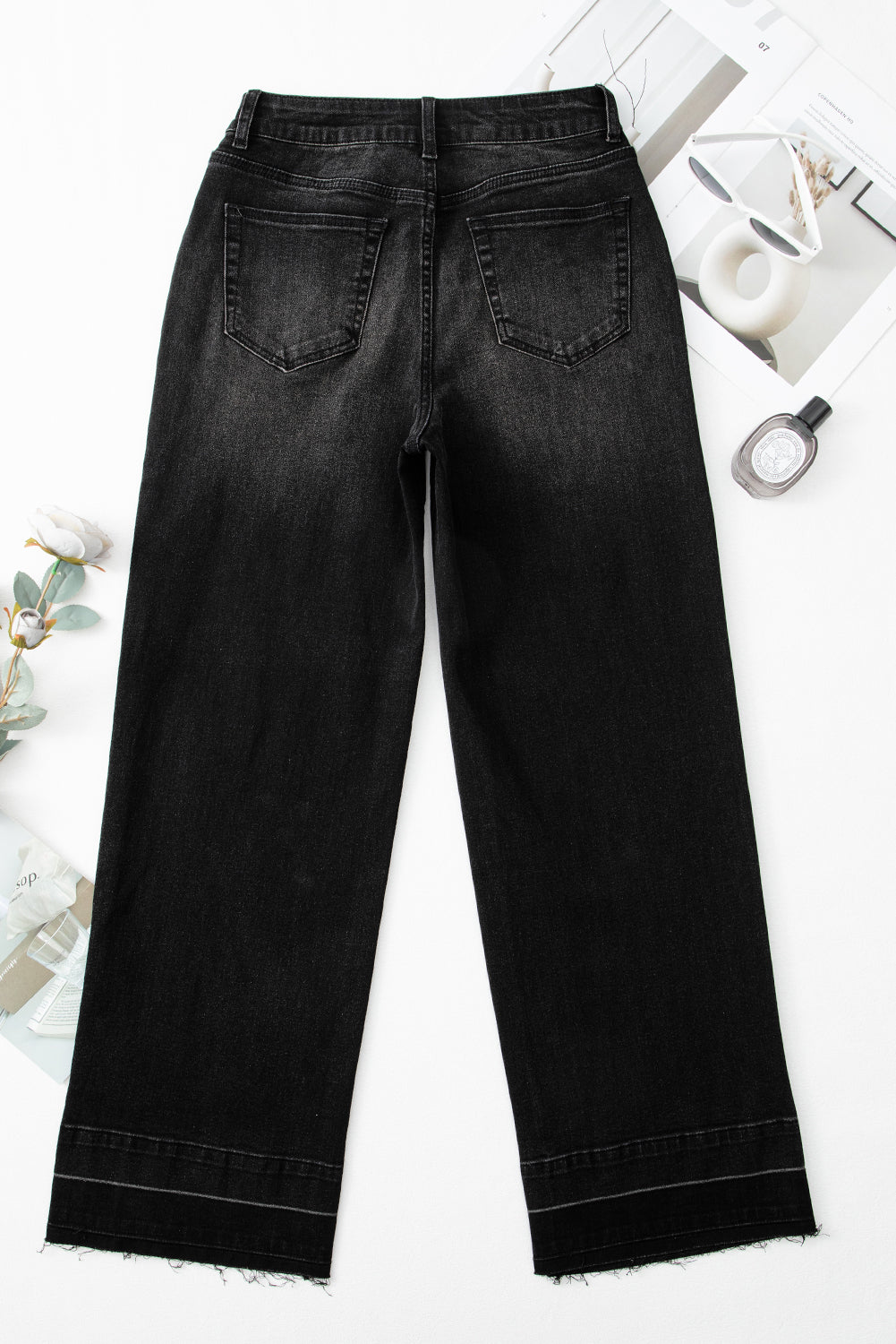 Black Raw Hem Unique Cuffs Straight High Rise Loose Jeans