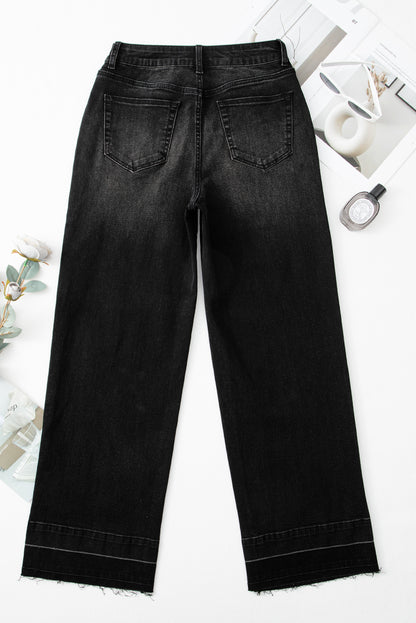 Black Raw Hem Unique Cuffs Straight High Rise Loose Jeans