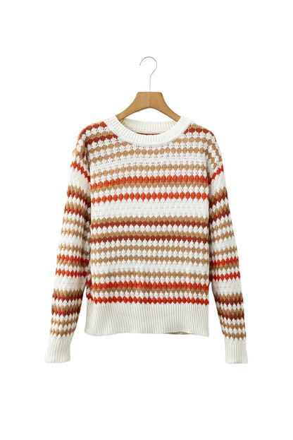 Brown Stripe Eyelet Patterned Drop Shoulder Sweater