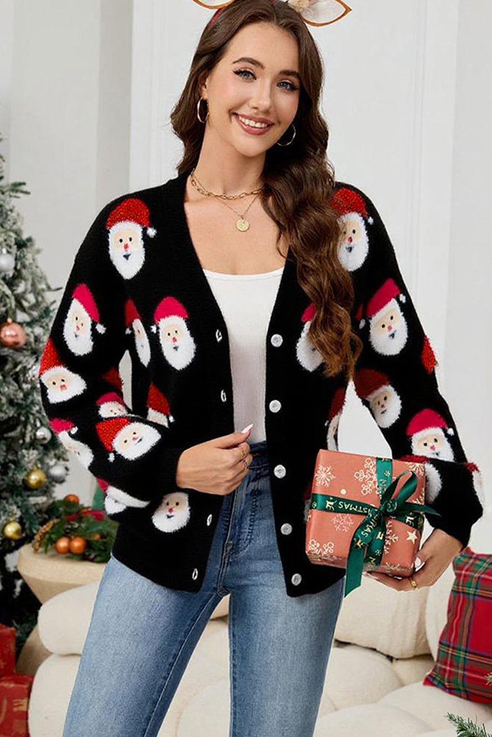 Black Christmas Santa Claus Pattern Button V Neck Sweater Cardigan