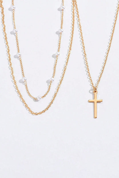Gold Plated Cross Pendant Pearl Decor Triple Layer Chain Necklace