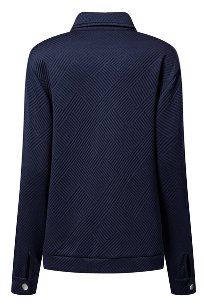 Navy Blue Solid Color Zip Up Button Flap Pocket Shirt Collar Jackets