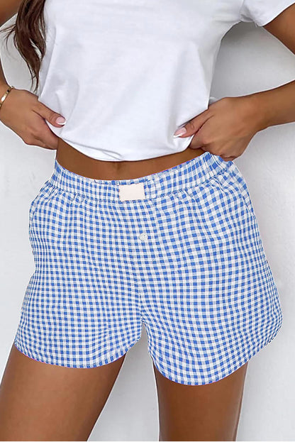 Blue Gingham Printed High Waist Shorts