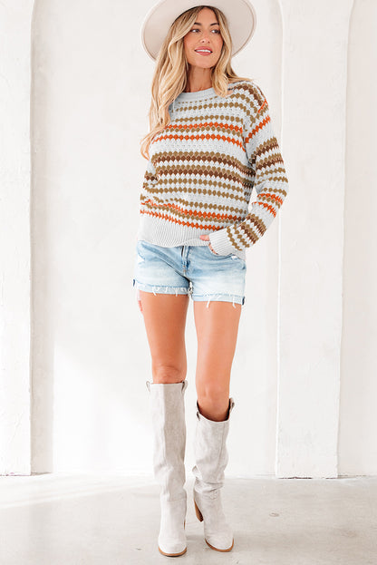 Brown Stripe Eyelet Patterned Drop Shoulder Sweater