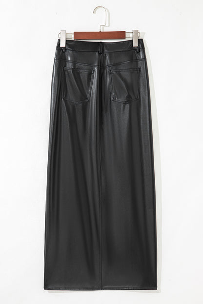 Black Faux Leather Side Slit Maxi Skirt